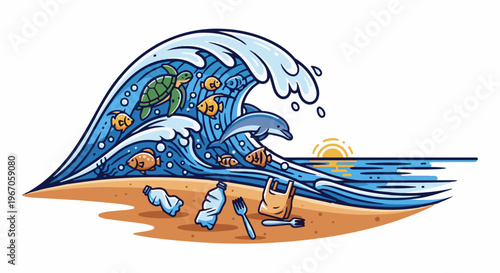 Ocean wave with marine life and beach pollution