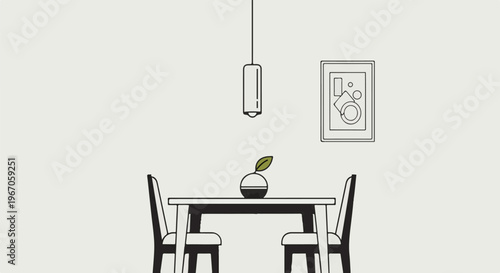 Minimalist dining setup with table, chairs, pendant lamp, and art