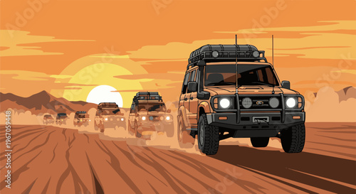 Off-road vehicles journey across a dusty desert landscape at sunset