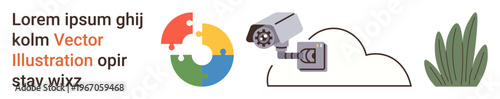 Security monitoring, cloud data storage, technological innovation, privacy protection, smart surveillance, system integration. A camera connected to a cloud with puzzle pieces and leaves. Security