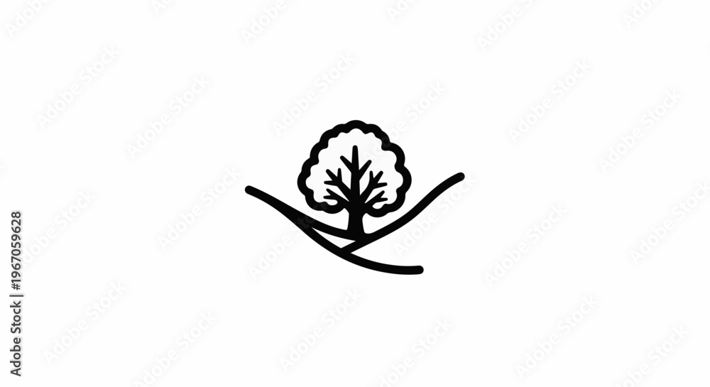 Fototapeta premium Minimalist line art depicting a stylized tree on a rolling hill
