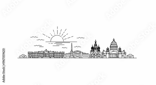 Minimalist line art cityscape with sun rising over historical buildings