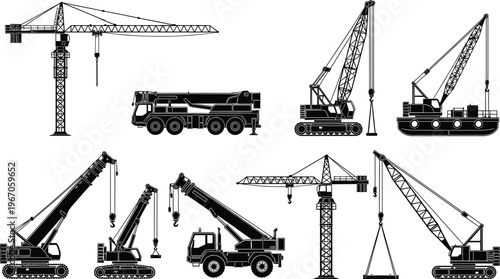 Construction crane and heavy lifting equipment silhouette set including tower crane mobile crane crawler crane truck crane isolated industrial machinery collection for engineering projects