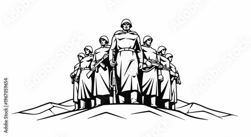 Monumental group of soldiers with rifles, a symbol of military strength