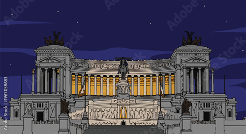 Monumental structure with equestrian statue and columns illuminated at night