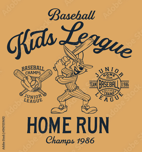 Cute rabbit mascot playing baseball batter vintage cartoon vector print for children sport wear t-shirt sweatshirt jacket pajamas 
