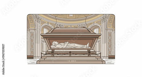 Marble sarcophagus with effigy of a lying figure within grand, domed church