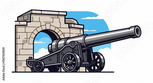 Old cannon positioned in front of a stone archway with clouds