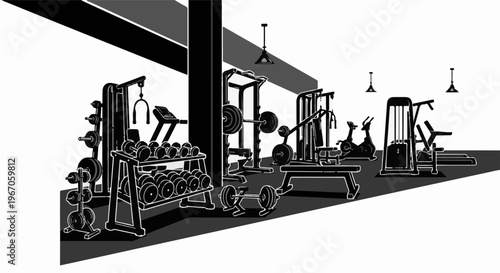 Monochrome illustration of a well-equipped fitness gym interior with various machines