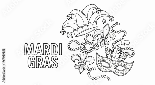 Mardi Gras celebration symbols including a jester hat, mask, and beads