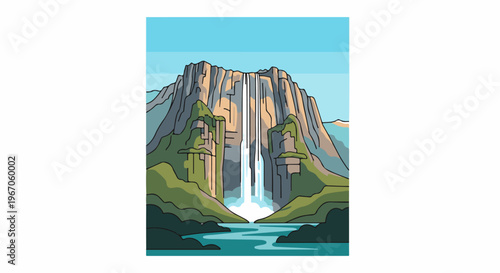 Massive waterfall cascades down rugged cliffs into a serene turquoise pool below