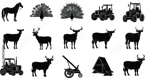 Farm animal and agricultural equipment silhouettes collection featuring horse, peacock, cow, bull, deer, tractor, cannon and tent isolated black vector icons set
