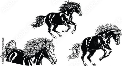 Galloping black horse silhouettes with flowing manes and tails in dynamic motion, powerful equine vector illustration set for equestrian sports design and wild animal graphics.