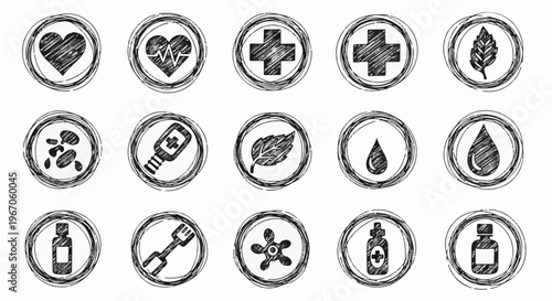 Medical and health icons with a hand-drawn, sketchy style
