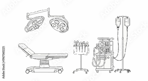 Medical equipment illustration operating table, lights, tools, and IV drip