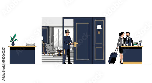 Hotel Concierge Opens Door for Guests with Luggage at Reception Desk