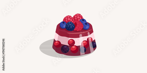 Sweet raspberry mousse cake with jelly layers and fresh fruit garnish, flat vector illustration.