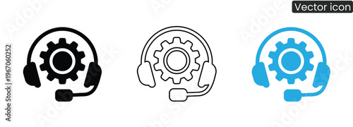 Vector icons of customer support headsets with gear icons in black, line art, and blue, perfect for illustrating technical support, customer service, or call center concepts