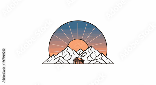 Mountain cabin under a radiant sunset with a smoky chimney