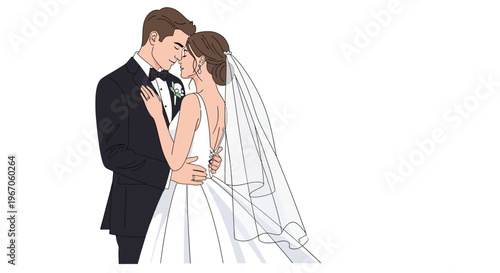 Elegant Wedding Couple Embracing, Bride in Veil, Groom in Tuxedo, Romantic Moment Illustration