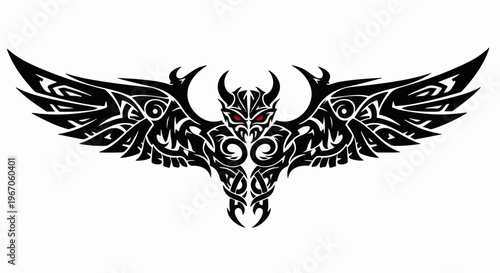 Intricate black tribal winged creature with glowing red eyes