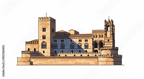 Intricate, cartoonish illustration of a large, tan stone palace complex with towers