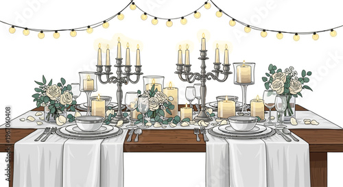 Elegant Wedding Table Setting with Candelabras and String Lights