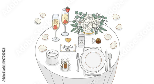 Elegant Wedding Table Setting with Champagne, Flowers, and Ring
