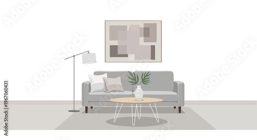 Modern living room with grey sofa, abstract art, coffee table and floor lamp
