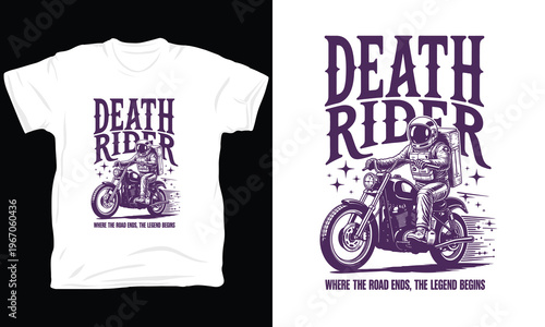 Death rider spaceman on motorcycle vector illustration, road legend begins.