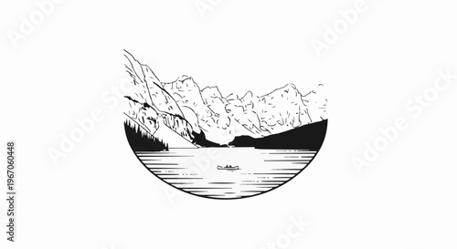 Mountain range and lake scene with a canoe in black and white
