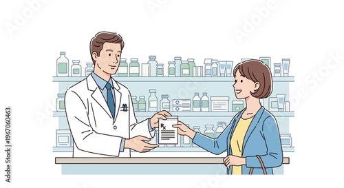 Pharmacist handing prescription to customer in modern pharmacy with shelves of medicine.