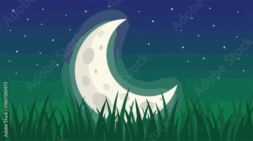 Peaceful night scene with crescent moon, twinkling stars, and grassy field