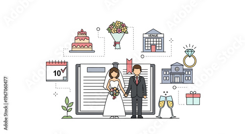 Wedding Planning Concept: Couple, Contract, Cake, Rings, Venue & Calendar Icons