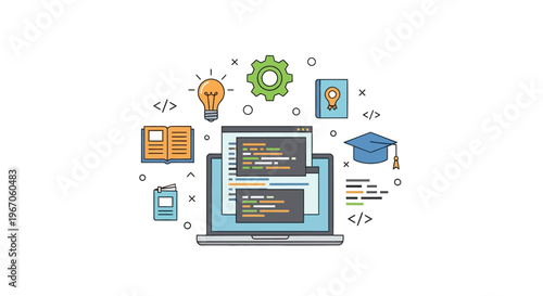 Coding and Education Concept: Laptop with Code, Lightbulb, Graduation Cap, Books, Gear