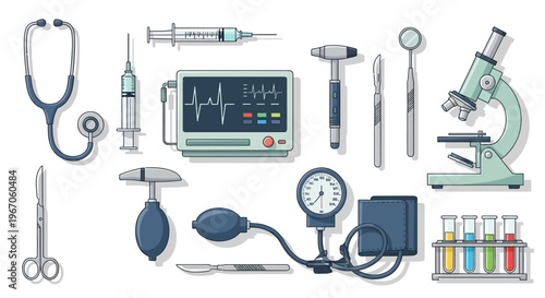 Medical Equipment Collection: Stethoscope, Syringe, Monitor, Microscope, BP Cuff, Test Tubes