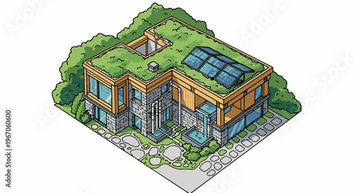 Modern isometric home with green roof, solar panels, water feature