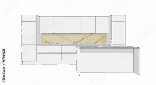 Modern kitchen design with light cabinetry and a veined stone backsplash