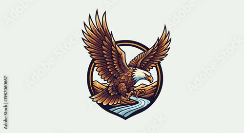 Majestic eagle with wings spread, soaring over a river and rocky terrain