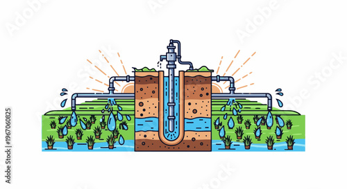 Illustration of a water well system irrigating crops under sun rays