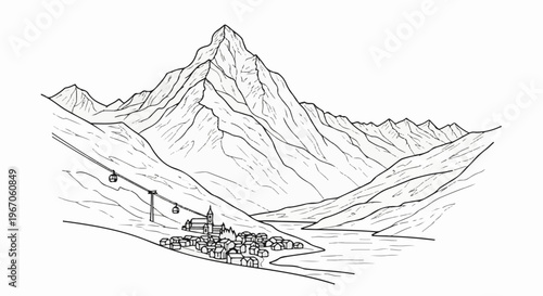 Majestic mountain peaks overlook a village beside a serene lake with gondolas