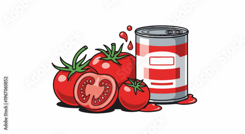 Illustration of fresh tomatoes with a can of tomato product and splatters