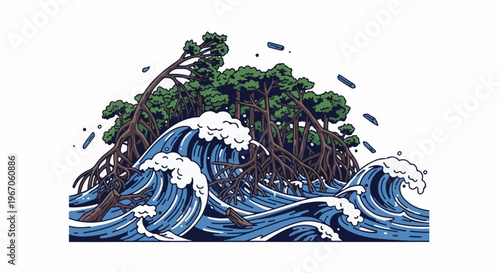 Illustration of mangrove roots and trees amidst crashing ocean waves
