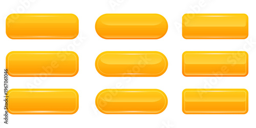 Glossy orange buttons set. 3D realistic buttons web elements with vibrant reflections. Square and rounded yellow-orange buttons icons isolated on white background for user interface and app design.