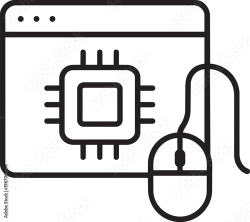 Web browser window with computer mouse and microchip line icon representing digital internet portal technology