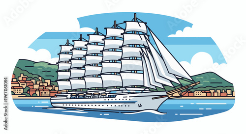 Majestic tall ship with full sails glides near a colorful coastal town