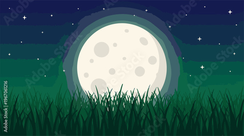 Night landscape with a big full moon, sparkling stars and green grass