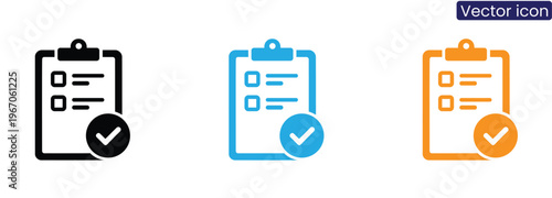 Vector icons of checklists in black, blue, and orange on a clean white background, suitable for business, productivity, and design projects