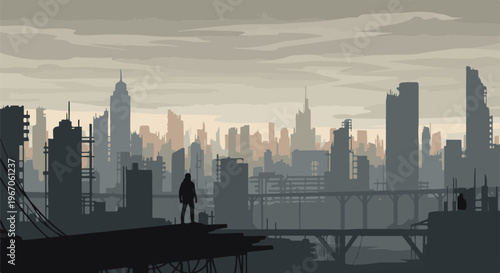 Lone figure overlooks a desolate, pixelated cityscape under a cloudy sky