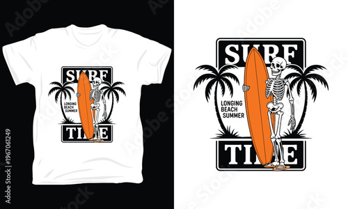 Surf time skeleton with surfboard illustration vector long beach summer vibes.